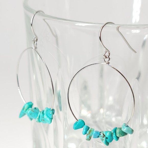 NEW Natural Turquoise Stones Wire Hoop Earrings - Picture 3 of 10